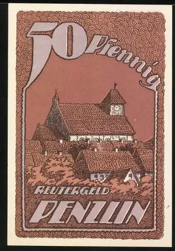 Notgeld Penzlin 1922, 50 Pfennig, Abbildung eines Baums und einer Stadtansicht mit Kirche