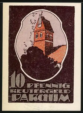 Notgeld Parchim 1922, 10 Pfennig, Mann im Bett und Kirchturm