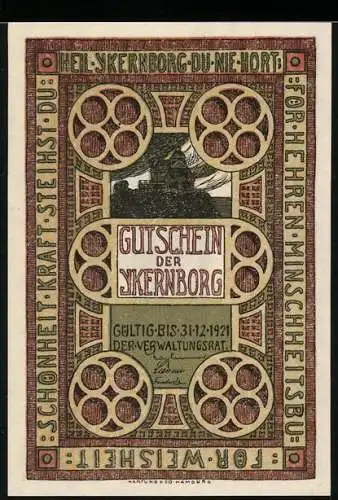 Notgeld Ykernborg 1921, 1 Mark, Burgtor und dekorative Ornamente