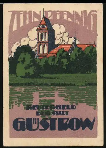 Notgeld Güstrow 1922, 10 Pfennig, Kirche mit Turm und Landschaft, Schwein und Text von Mecklenburg