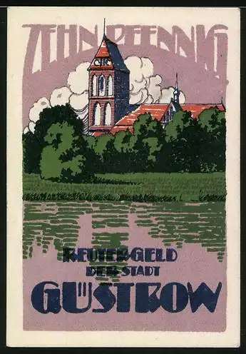 Notgeld Güstrow 1922, 10 Pfennig, Ochse und Stadtansicht mit Kirche, Rat der Stadt Güstrow i. M