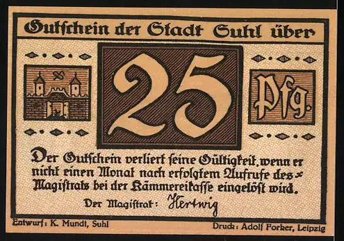 Notgeld Suhl, 25 Pfennig, Gewehr-Motiv und Stadtwappen