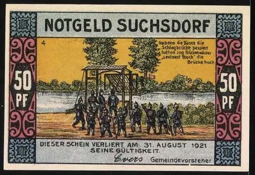 Notgeld Suchsdorf 1921, 50 Pfennig, Dorfteich und Brückenszene, Seriennummer 10804