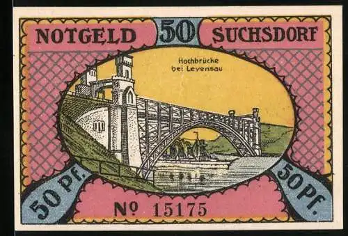 Notgeld Suchsdorf 1921, 50 Pfennig, Hochbrücke bei Levensau und Schlachtbrücke bei Levensau (1864)