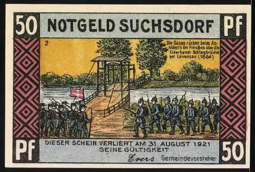 Notgeld Suchsdorf 1921, 50 Pfennig, Hochbrücke bei Levensau und Schlachtbrücke bei Levensau (1864)