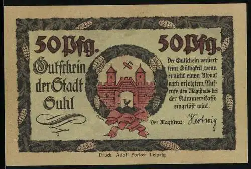 Notgeld Suhl, 50 Pfennig, Stadtwappen und Gebäudeillustration