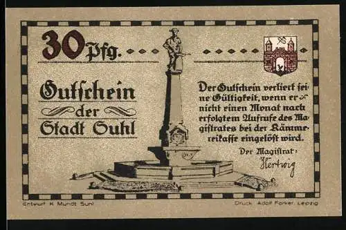 Notgeld Suhl, 30 Pfennig, Ritter auf Pferd und Denkmal, Stadtwappen