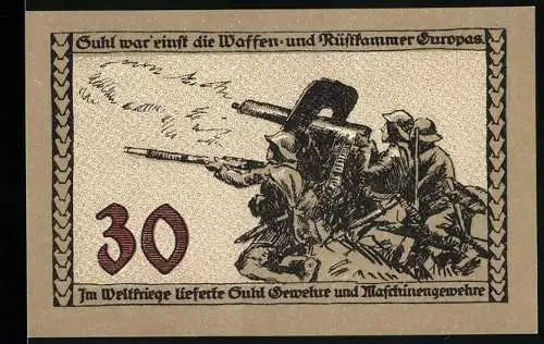 Notgeld Suhl 1921, 30 Pfennig, Soldaten mit Maschinengewehr und Denkmal, Wappen der Stadt Suhl