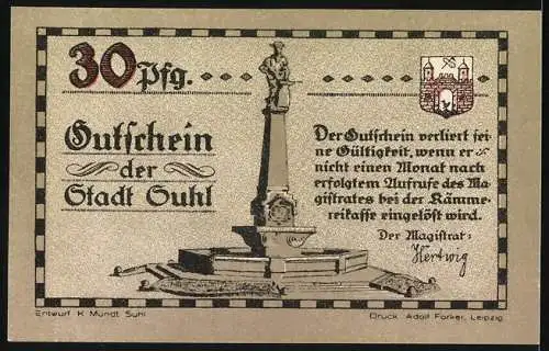 Notgeld Suhl 1921, 30 Pfennig, Soldaten mit Maschinengewehr und Denkmal, Wappen der Stadt Suhl