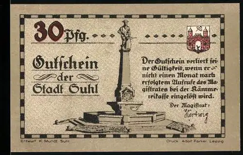 Notgeld Suhl, 30 Pfennig, Soldaten mit Gewehren und Denkmal, Stadtwappen