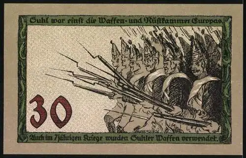 Notgeld Suhl, 30 Pfennig, Soldaten mit Gewehren und Denkmal, Stadtwappen