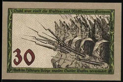 Notgeld Suhl, 30 Pfennig, Soldaten mit Bajonetten und Denkmal, Stadtwappen