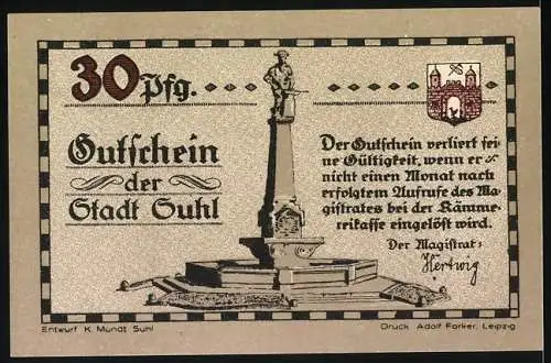 Notgeld Suhl, 30 Pfennig, Soldaten mit Bajonetten und Denkmal, Stadtwappen