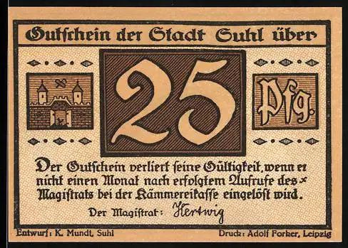 Notgeld Suhl, 25 Pfennig, Motiv: Gewehr und Stadtwappen