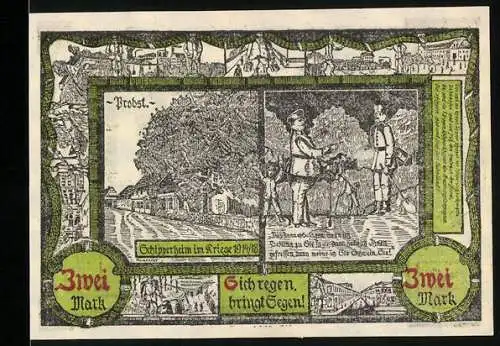 Notgeld Soldin 1921, 2 Mark, Ortsansichten während der Kriegszeit