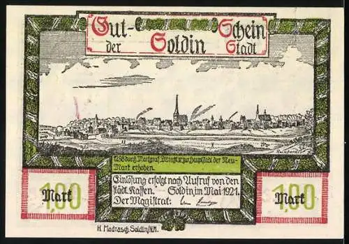 Notgeld Soldin 1921, 1 Mark, Stadtansicht mit Kirche und Stadtmauer, Seriennummer 1253