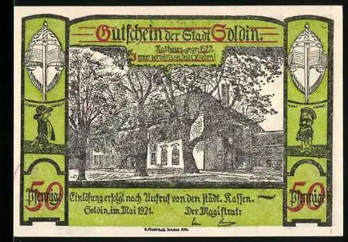 Notgeld Soldin 1921, 50 Pfennig, Rathaus, Adlermotiv und Stadtwappen