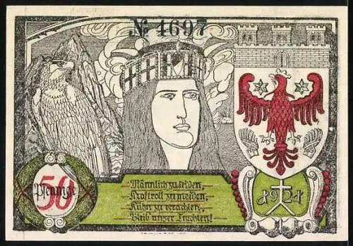 Notgeld Soldin 1921, 50 Pfennig, Rathaus, Adlermotiv und Stadtwappen