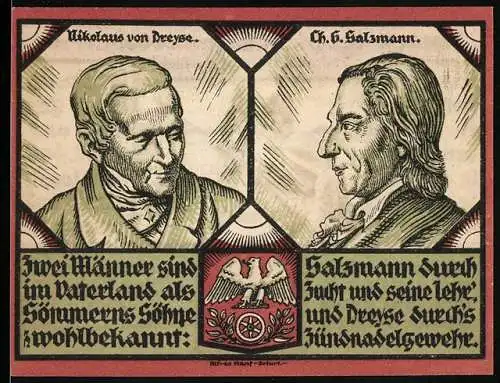 Notgeld Sömmerda 1921, 1 Mark, Porträts von Nikolaus von Dreyse und Ch. G. Salzmann, Soldat mit Bajonett