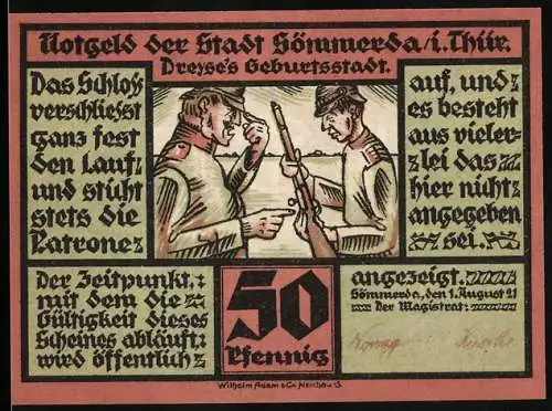 Notgeld Sömmerda, 50 Pfennig, zwei Soldaten und sechs Wappen, rote und schwarze Schrift