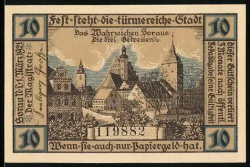 Notgeld Sorau 1921, 10 Pfennig, Stadtansicht und Wappen mit Hirsch und Hund, Seriennummer 119882