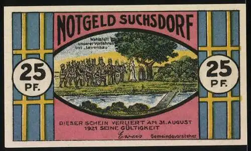 Notgeld Suchsdorf 1921, 25 Pfennig, Windmühle und Versammlungsszene, Nr. 16524