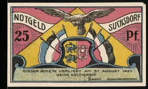 Notgeld Suchsdorf, 25 Pf, Adler und Wappen mit Flaggen, Spazierweg mit Menschen, Nr. 17027