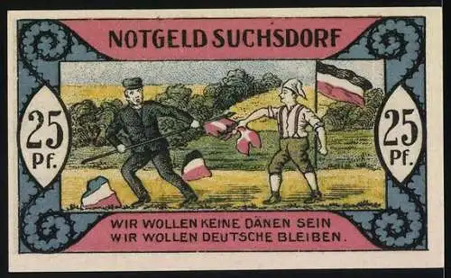 Notgeld Suchsdorf 1921, 25 Pfennig, Erntearbeiter und patriotische Szene, Seriennummer 19013