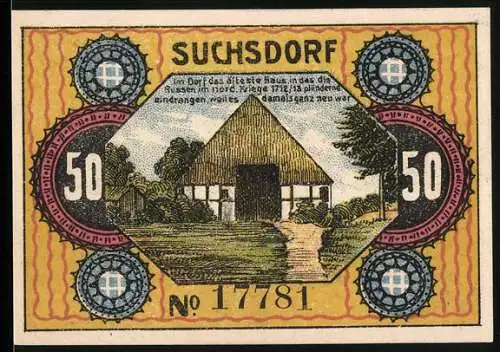 Notgeld Suchsdorf 1921, 50 Pfennig, ältestes Haus im Dorf und dänische Truppen in Levensau