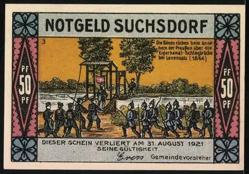 Notgeld Suchsdorf 1921, 50 Pfennig, ältestes Haus im Dorf und dänische Truppen in Levensau