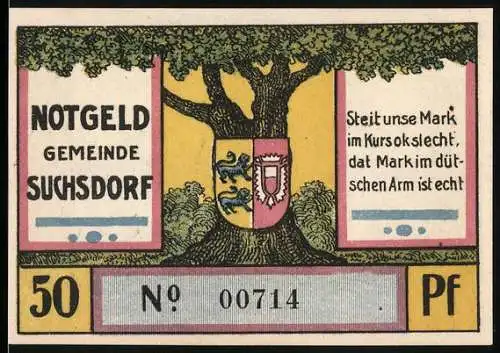 Notgeld Suchsdorf 1921, 50 Pfennig, Eiderkanal-Schlacht bei Levensau, Baum mit Wappen, Seriennummer 00714