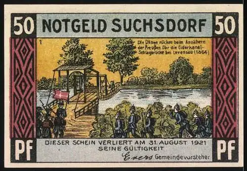 Notgeld Suchsdorf 1921, 50 Pfennig, Eiderkanal-Schlacht bei Levensau, Baum mit Wappen, Seriennummer 00714