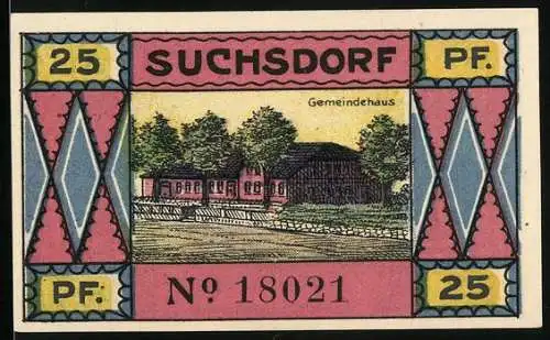 Notgeld Suchsdorf 1921, 25 Pf, Gemeindehaus und Fischer mit Netz und Fisch, Nr. 18021