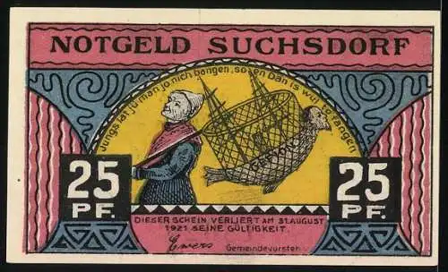 Notgeld Suchsdorf 1921, 25 Pf, Gemeindehaus und Fischer mit Netz und Fisch, Nr. 18021