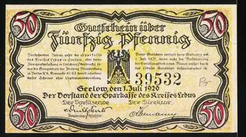 Notgeld Seelow 1920, 50 Pfennig, Arbeiter mit Schaufel und Fabrik im Hintergrund, Seriennummer 39532, Reichsadler