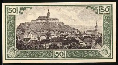 Notgeld Siegburg 1921, 50 Pfennig, Stadtansicht und Kloster auf dem Hügel