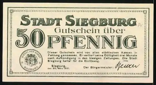 Notgeld Siegburg 1921, 50 Pfennig, Stadtansicht und Kloster auf dem Hügel