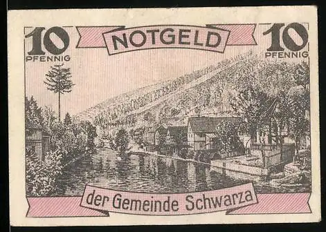 Notgeld Schwarza 1921, 10 Pfennig, Flusslandschaft mit Gebäuden, Seriennummer 12019