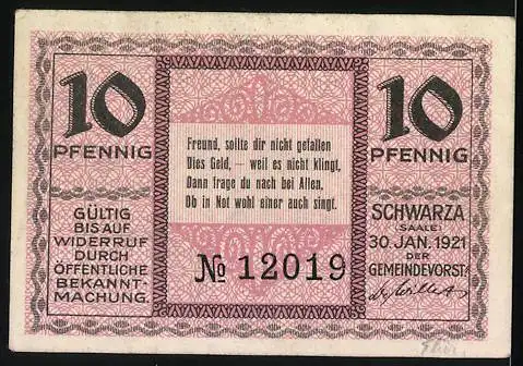 Notgeld Schwarza 1921, 10 Pfennig, Flusslandschaft mit Gebäuden, Seriennummer 12019