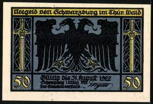 Notgeld Schwarzburg 1922, 50 Pfennig, Doppeladler und Schwerter