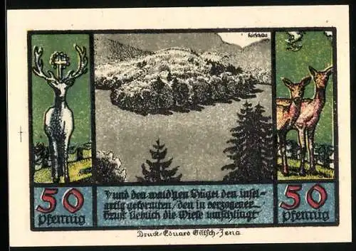 Notgeld Schwarzburg 1922, 50 Pfennig, Hirsch, Rehe und Adler mit Schwertern