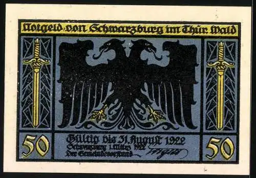 Notgeld Schwarzburg 1922, 50 Pfennig, Hirsch, Rehe und Adler mit Schwertern