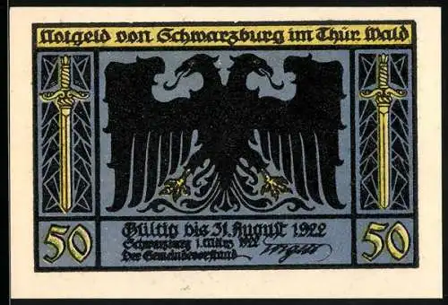 Notgeld Schwarzburg 1922, 50 Pfennig, schwarzer Adler und zwei Schwerter, Waldszene und Wildschwein