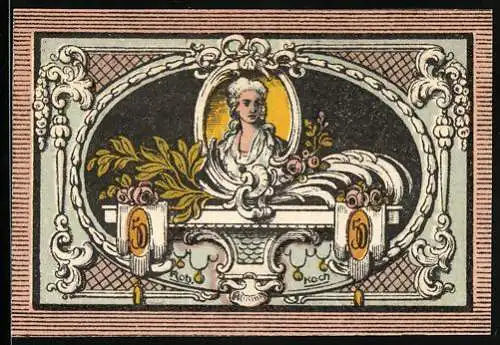 Notgeld Rheinsberg, 50 Pfennig, Porträt einer Frau mit dekorativen Ornamenten, Seriennummer 18223, Wappen von Rheinsberg