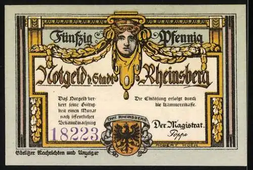 Notgeld Rheinsberg, 50 Pfennig, Porträt einer Frau mit dekorativen Ornamenten, Seriennummer 18223, Wappen von Rheinsberg