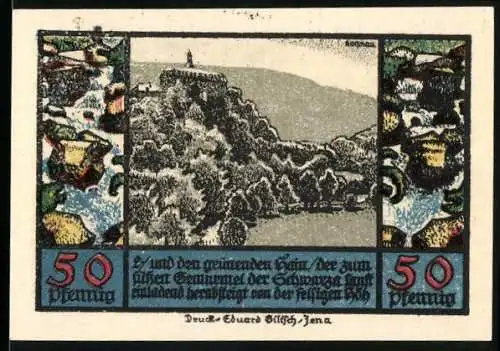 Notgeld Schwarzburg 1922, 50 Pfennig, Burgansicht und Adler mit Schwertern