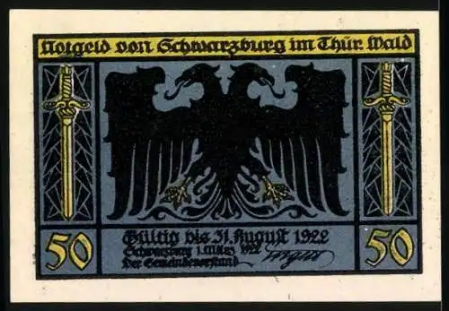 Notgeld Schwarzburg 1922, 50 Pfennig, Burgansicht und Adler mit Schwertern