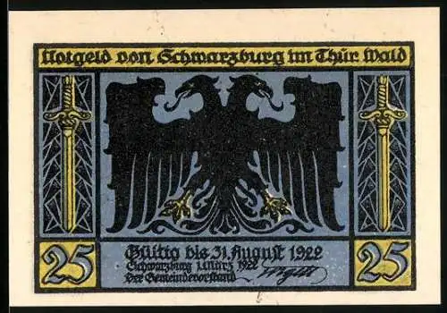 Notgeld Schwarzburg 1922, 25 Pfennig, Doppeladler und Schwert, Burg auf Hügel