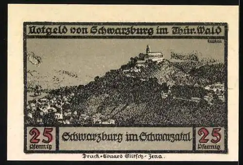 Notgeld Schwarzburg 1922, 25 Pfennig, Doppeladler und Schwert, Burg auf Hügel