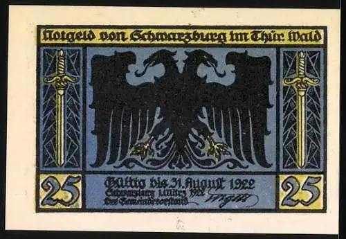 Notgeld Schwarzburg 1922, 25 Pfennig, Wildfütterungsplatz und Adler mit Schwertern